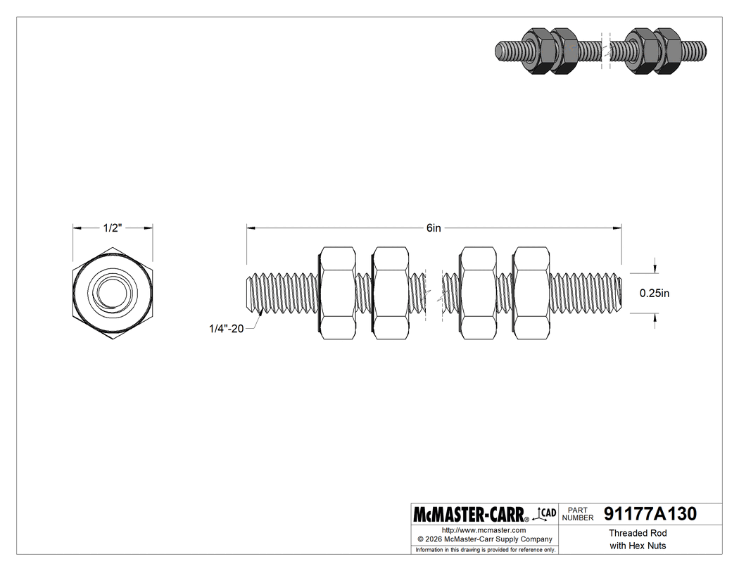Technical Drawing of Threaded Rod with Hex Nuts, Grade B7, 1/4"-20 Thread Size, 6" Long.